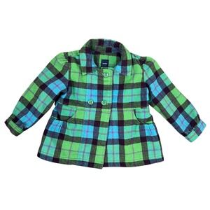 babyGap Toddler Girls Green Blue Plaid Wool Blend Double Breasted Pea Coat 4Y